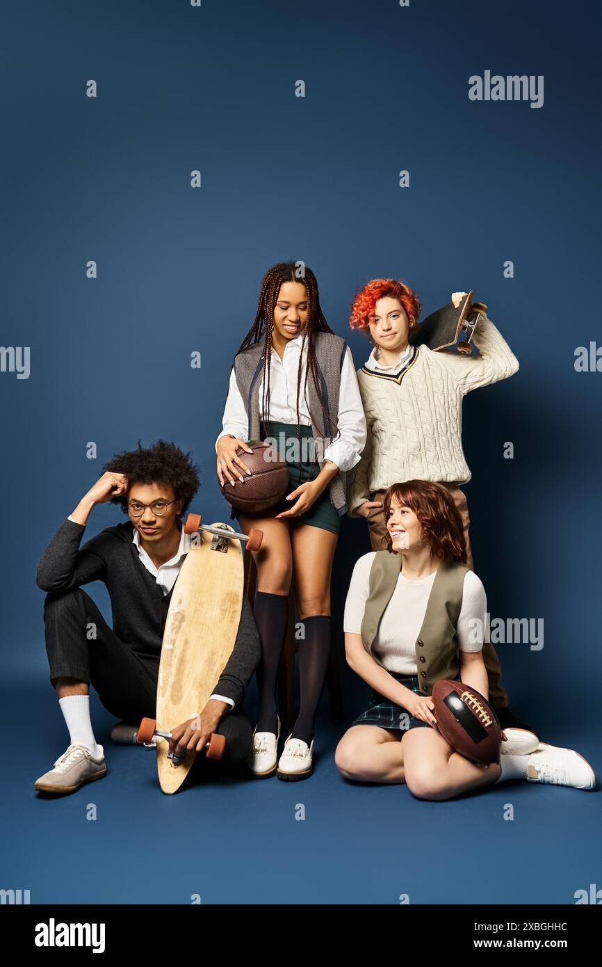 Multicultural Blue Multicultural friends, posing with skateboard in stylish attire against ...
