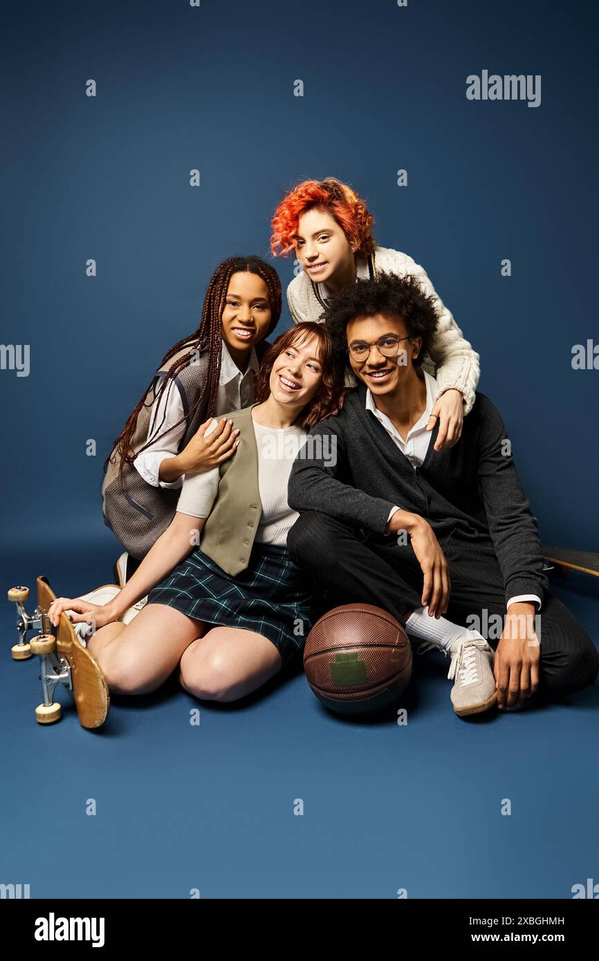A group of stylishly dressed young multicultural friends, including a nonbinary person, sit closely together on a dark blue background. Stock Photo