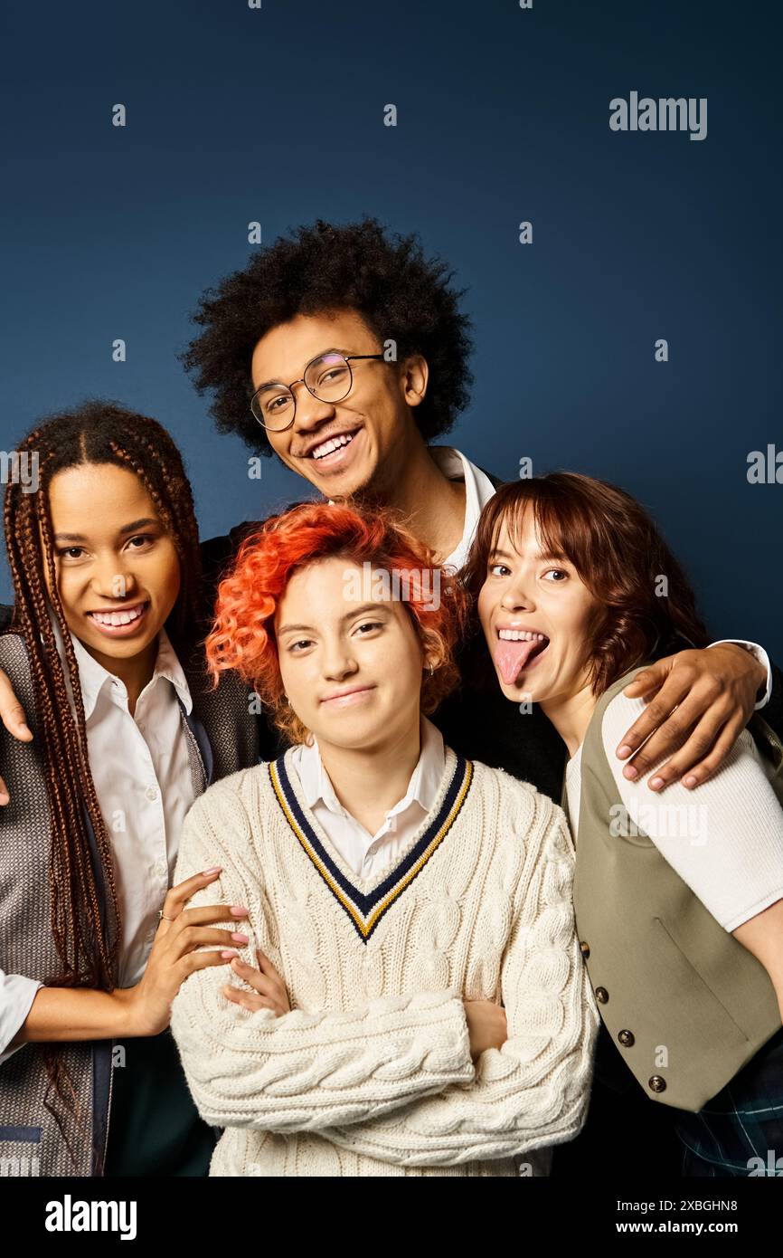 Multicultural Blue Multicultural friends, including a nonbinary person, stand together in ...