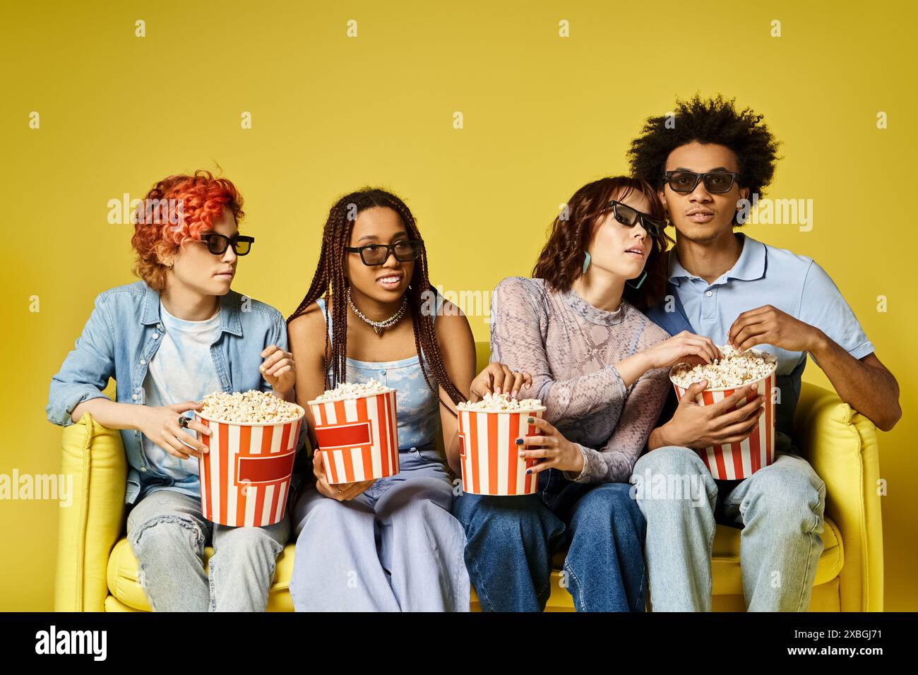 A diverse group of friends sitting on top of a yellow sofa, united in ...