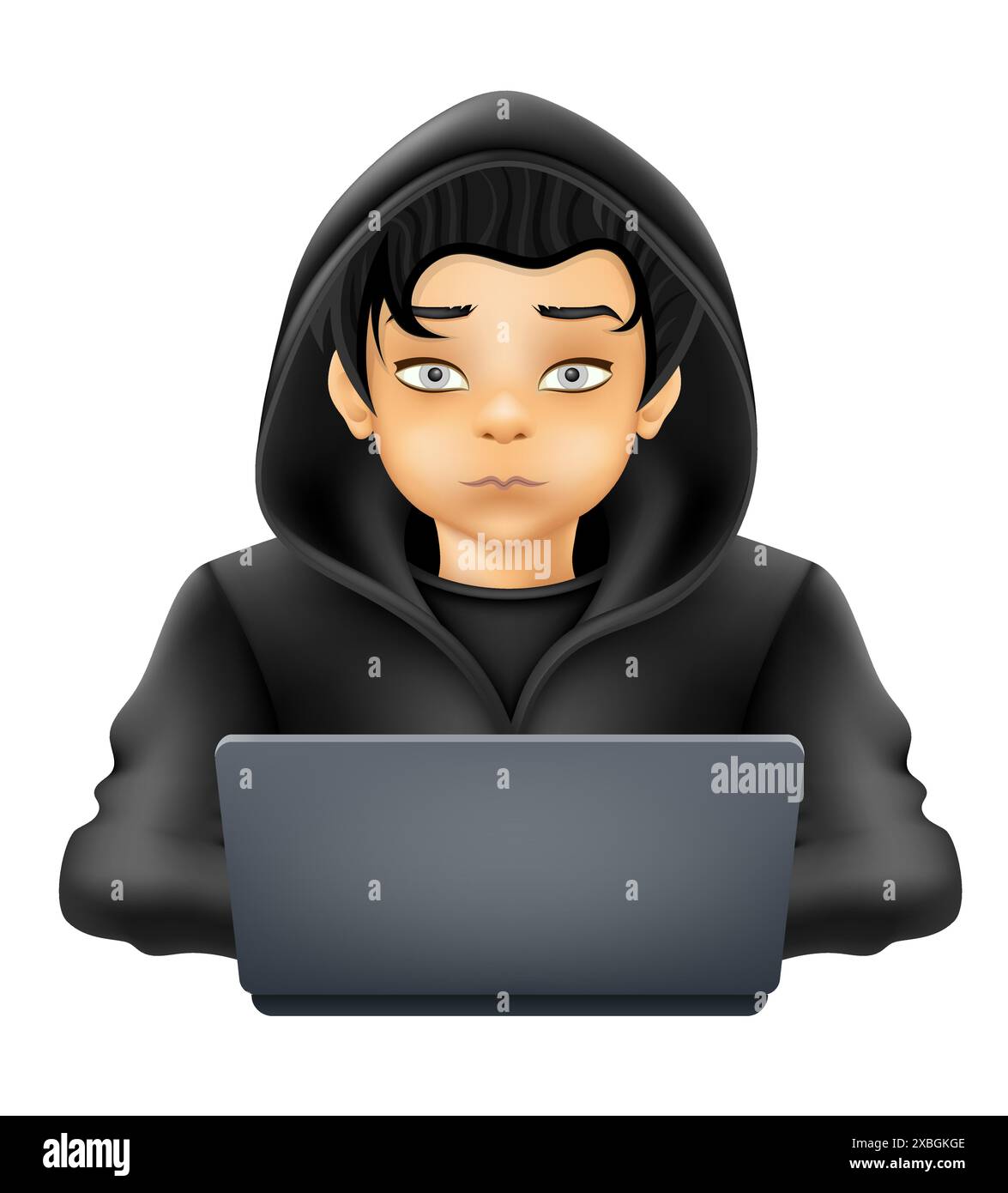 young hacker programmer it specialist coder sitting at a laptop in a sweater with a hood vector illustration Stock Vector