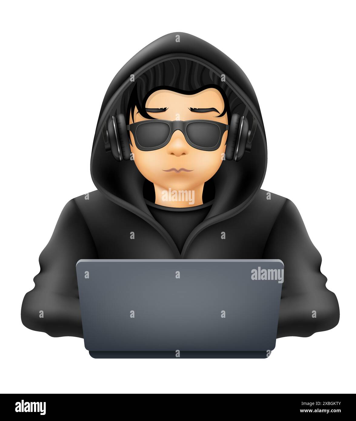 young hacker programmer it specialist coder sitting at a laptop in a sweater with a hood vector illustration Stock Vector