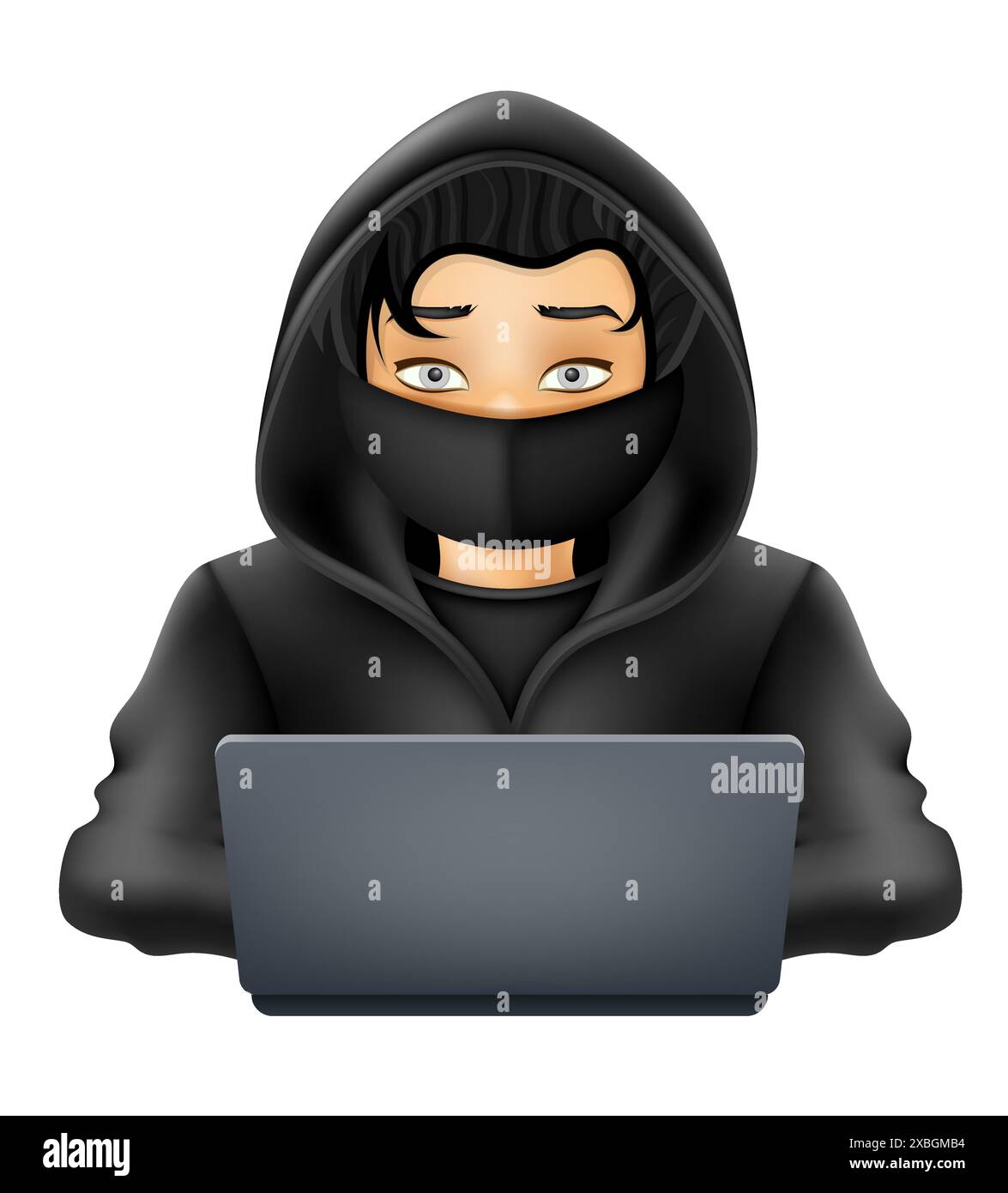 young hacker programmer it specialist coder sitting at a laptop in a sweater with a hood vector illustration Stock Vector