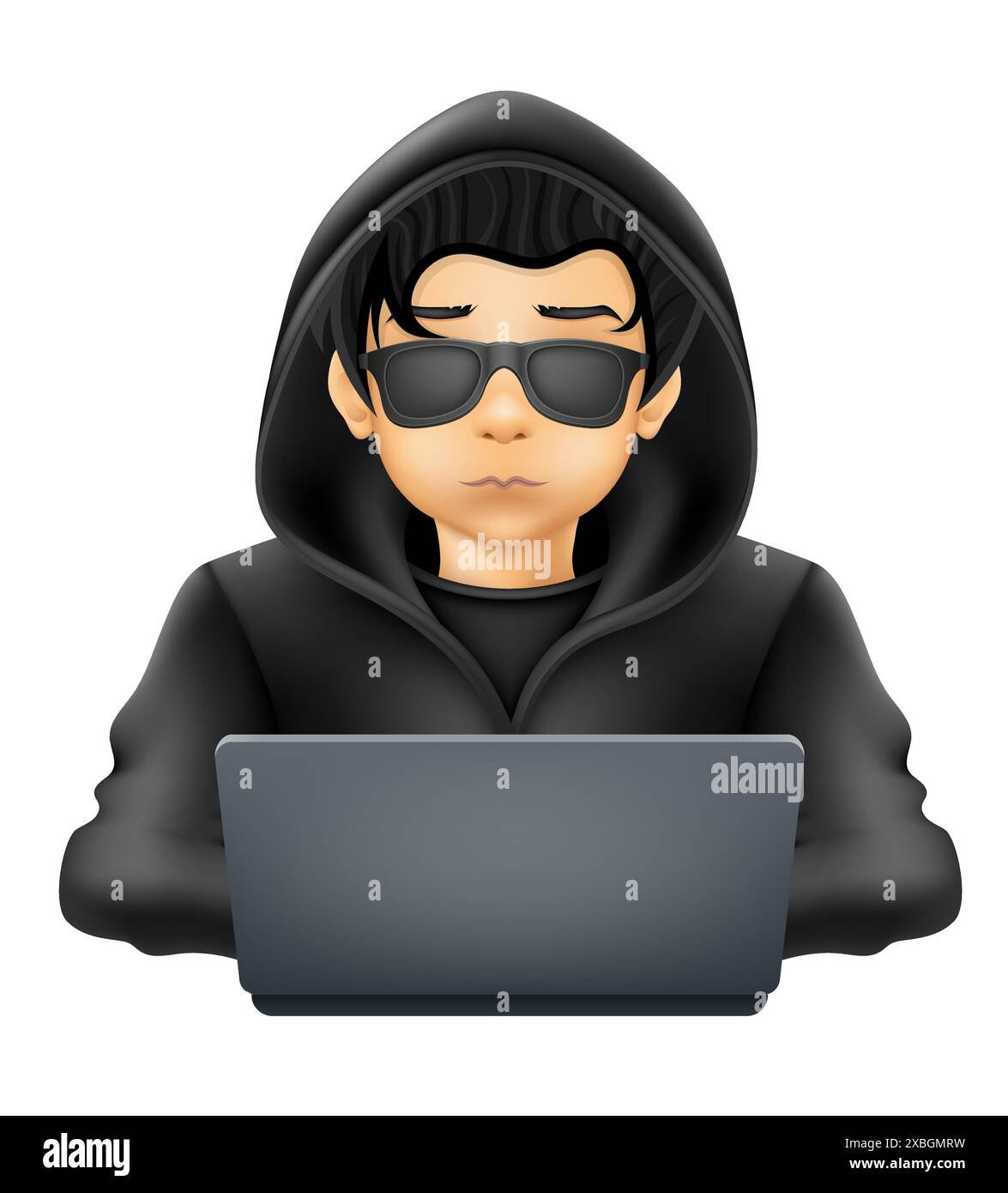 young hacker programmer it specialist coder sitting at a laptop in a sweater with a hood vector illustration Stock Vector