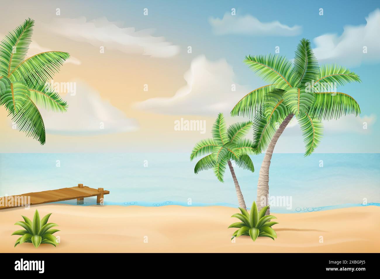 seascape with sand beach sea waves sky and clouds vector illustration ...