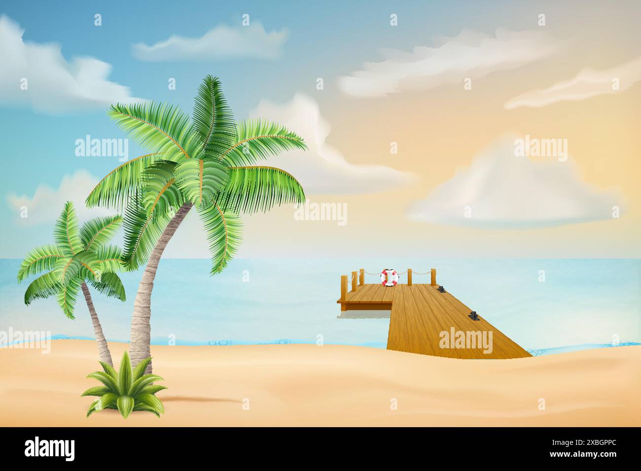seascape with sand beach sea waves sky and clouds vector illustration ...