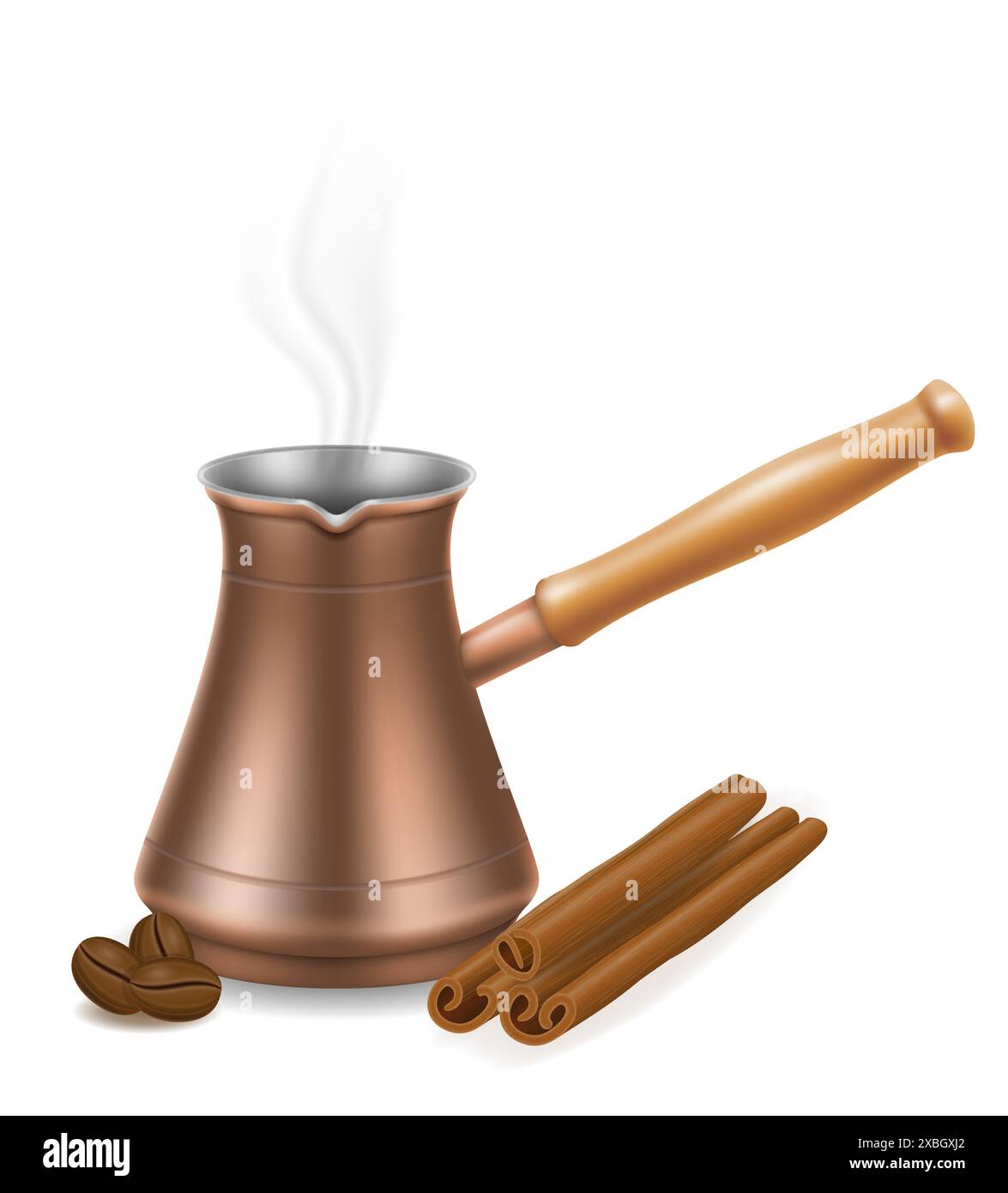 copper turkish coffee pot with wooden handle for making drink vector ...