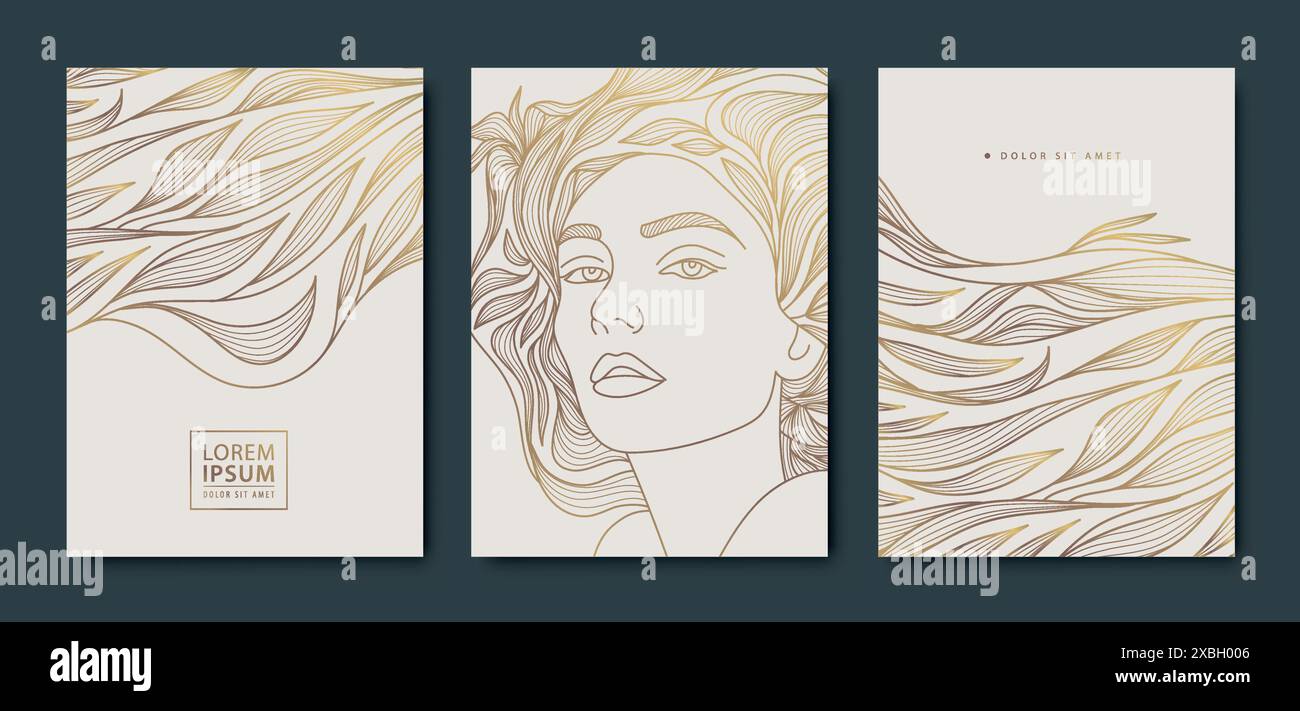 Vector set of woman line art covers, golden beauty design portrait with ...