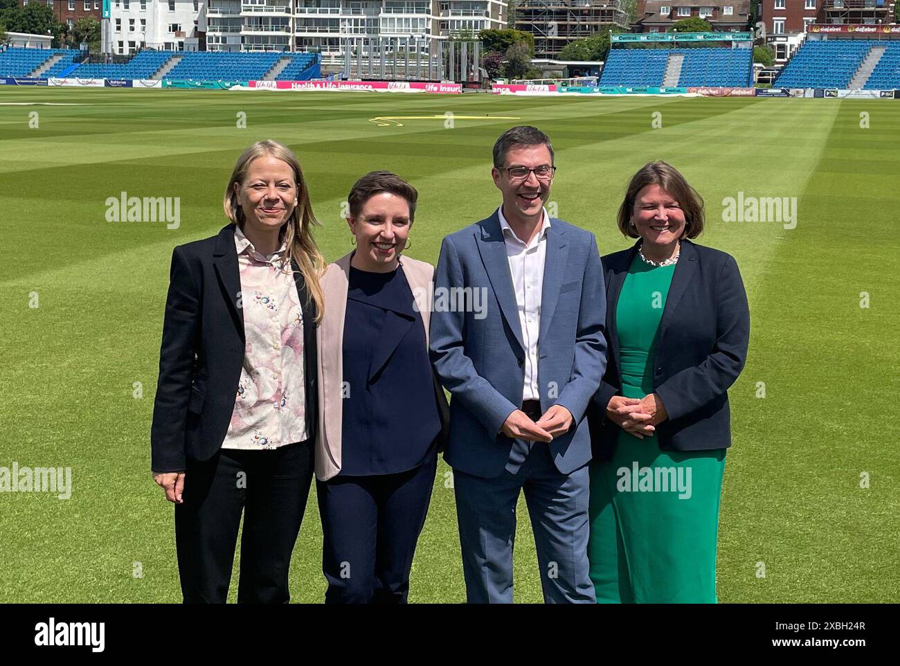 Green Party co-leaders Carla Denyer (2nd left) and Adrian Ramsay, with candidates Sian Berry (left) and Ellie Chowns (right) during the Green Party's manifesto launch at the Sussex County Cricket grounds in Hove. Issue date: Wednesday June 12, 2024. Stock Photo