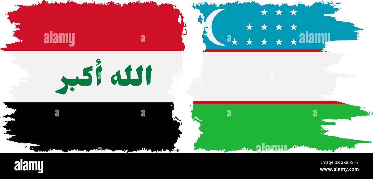 Uzbekistan and Iraq grunge flags connection, vector Stock Vector
