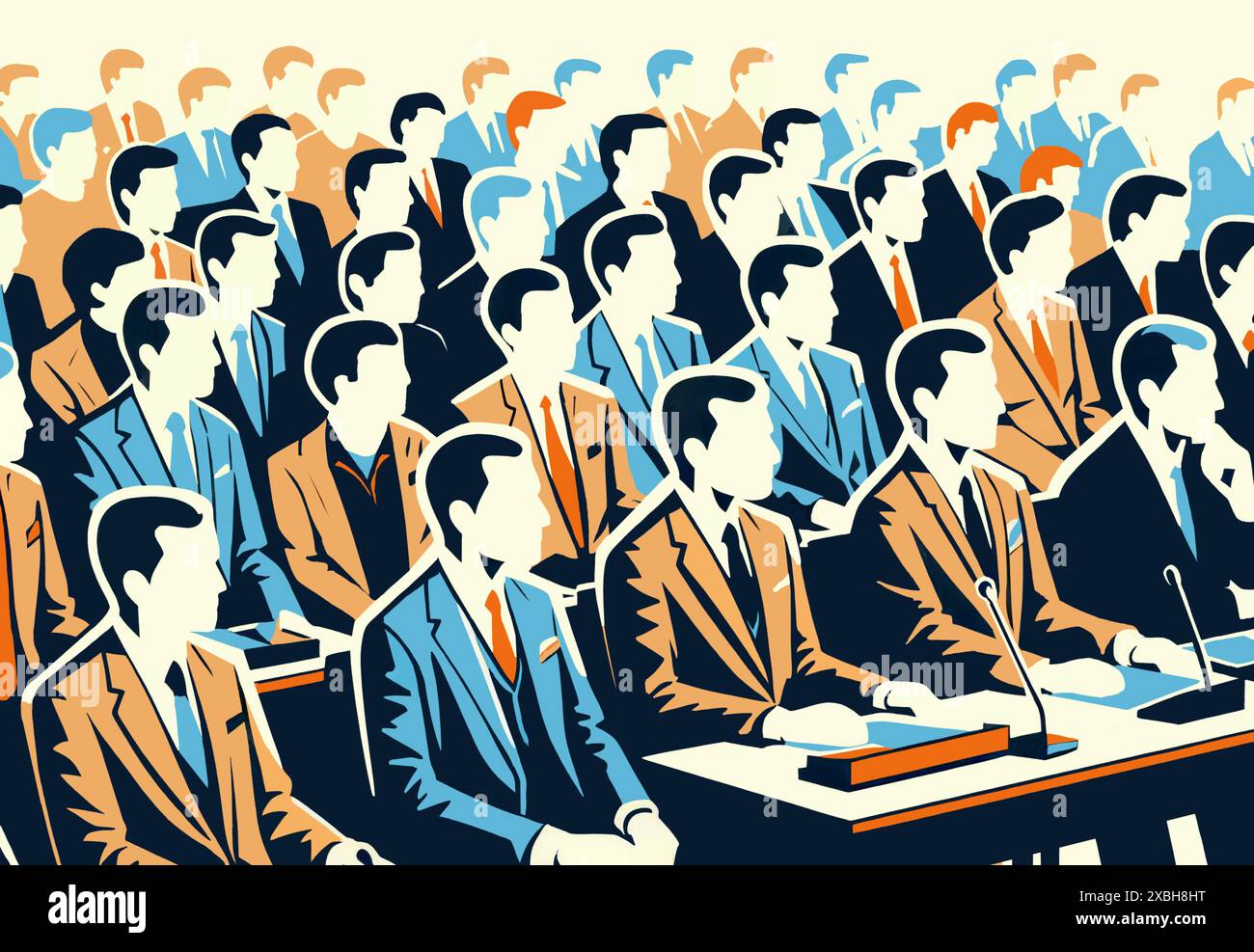 Graphic illustration of attendees at a conference, all male, all white. Stock Photo