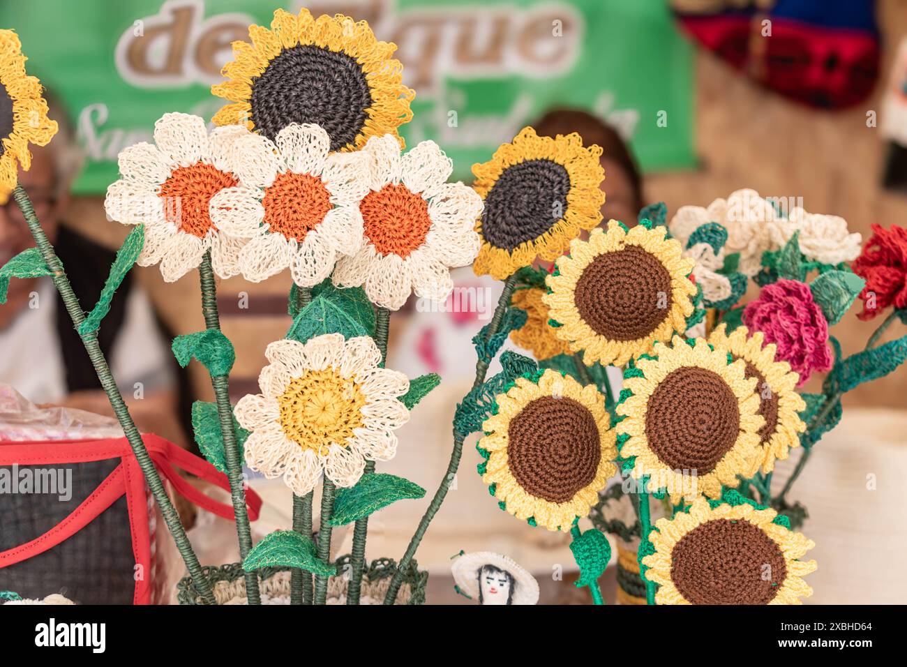 colorful handmade flowers made of fique, Furcraea andina Stock Photo