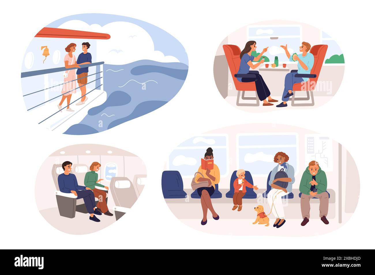 People travel by different transport. Passengers stand. Couple sitting ...