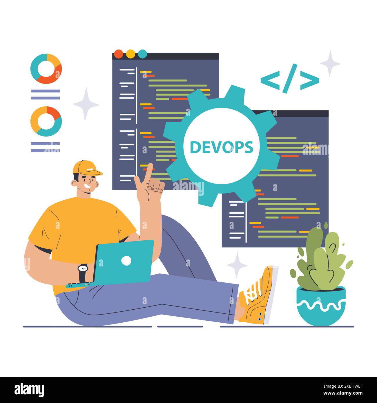DevOps. Software development methodology. Software development and it operations life cycle, programming and IT service integration and automation. Flat vector illustration Stock Vector
