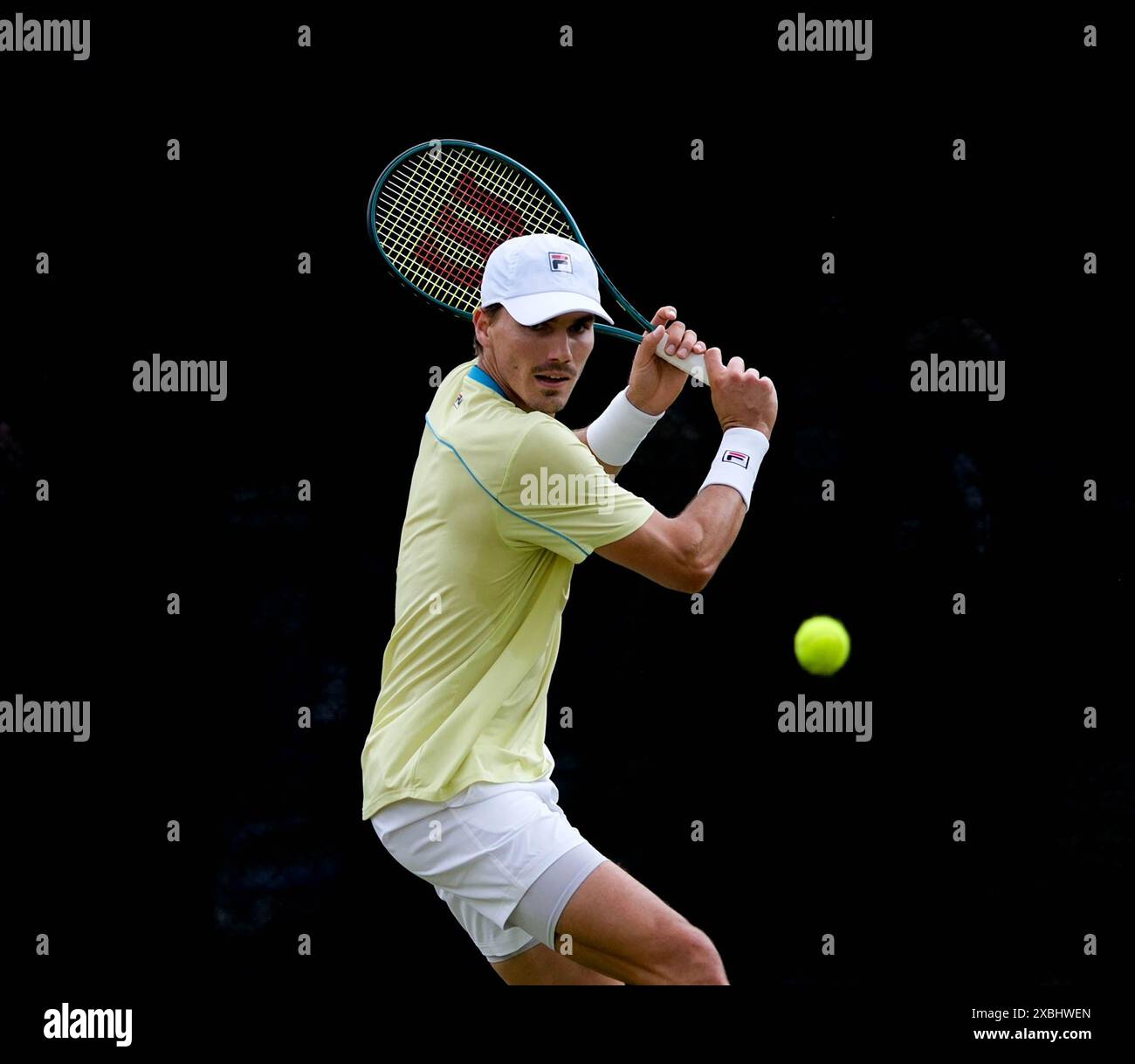 12th June 2024; Lexus Nottingham Tennis Centre, Nottingham, England; Rothesay Nottingham Open, Day 3; Patrick Kypson plays a backhand shot to Mikhail Kukushkin, mens singles Stock Photo