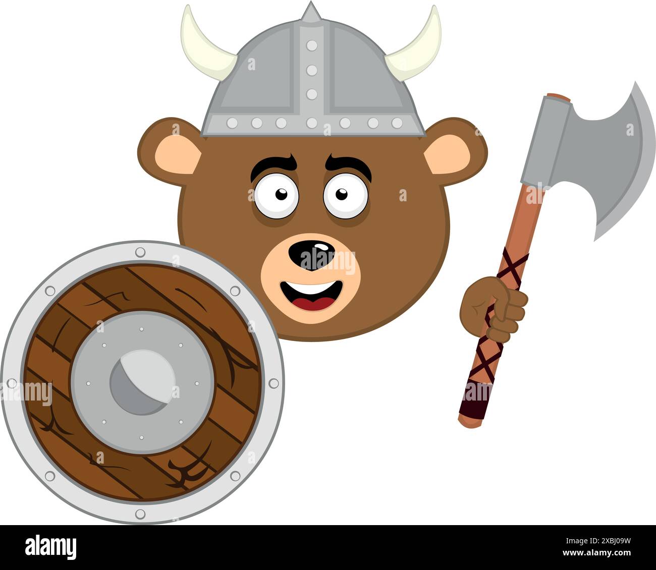 vector illustration face brown bear grizzly cartoon with a helmet with horns, a shield and a viking axe Stock Vector