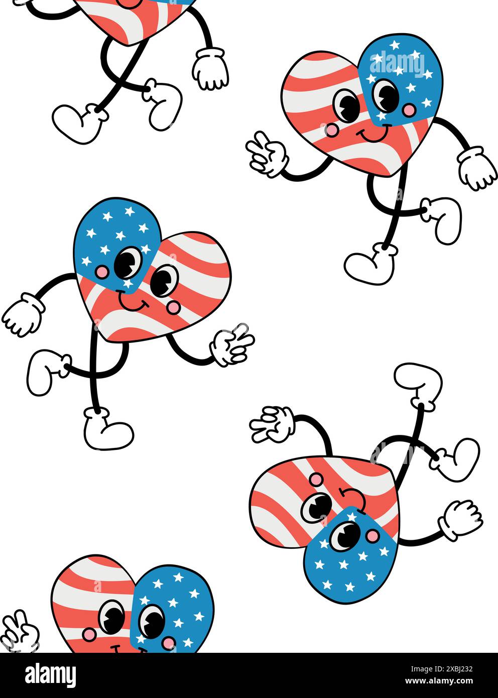 Vector seamless pattern of retro cartoon groovy heart with USA flag ...