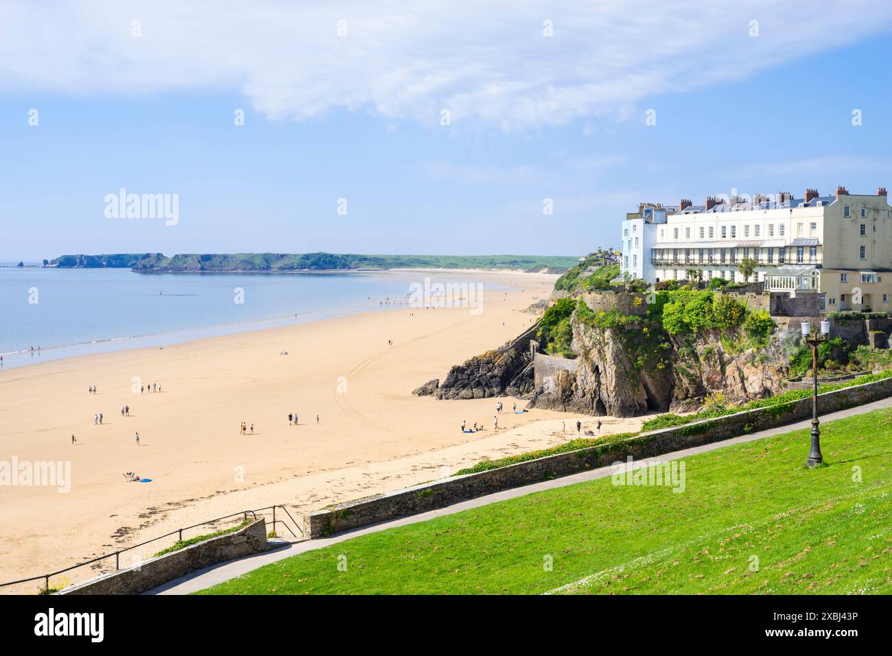 Tenby Castle beach and Tenby South beach from Tenby Castle Hill in Tenby Carmarthan bay Pembrokeshire West Wales UK GB Europe Stock Photo