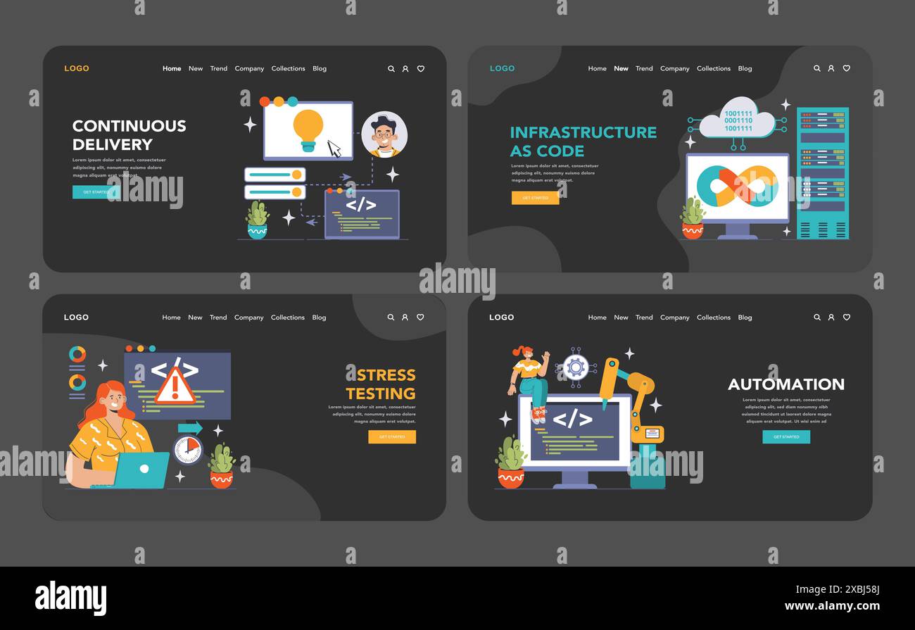 DevOps web banner or landing page dark or night mode set. Software development and it operations life cycle, programming and IT service integration and automation. Flat vector illustration Stock Vector