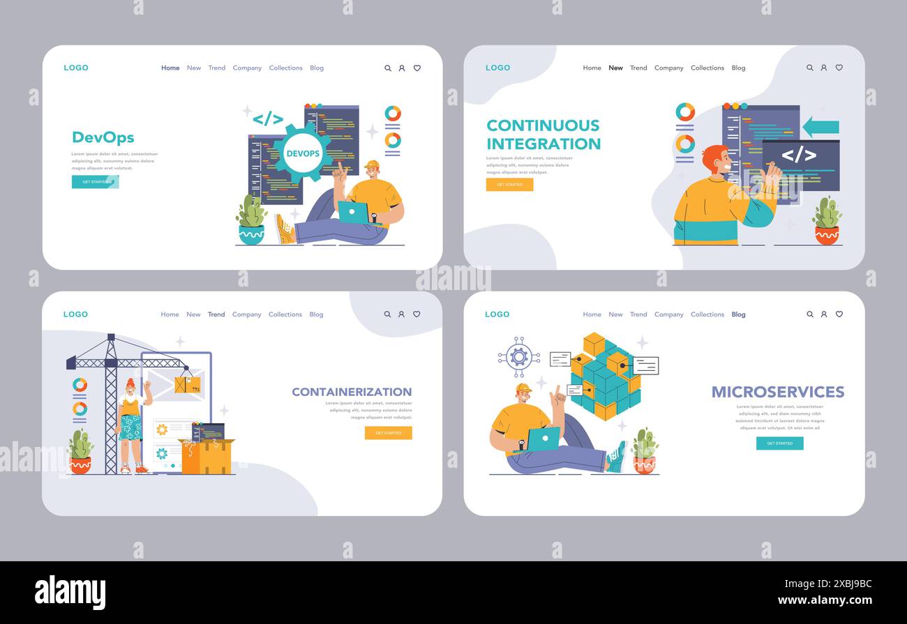 DevOps web banner or landing page set. Software development methodology. Software development and it operations life cycle, IT service integration and automation. Flat vector illustration Stock Vector