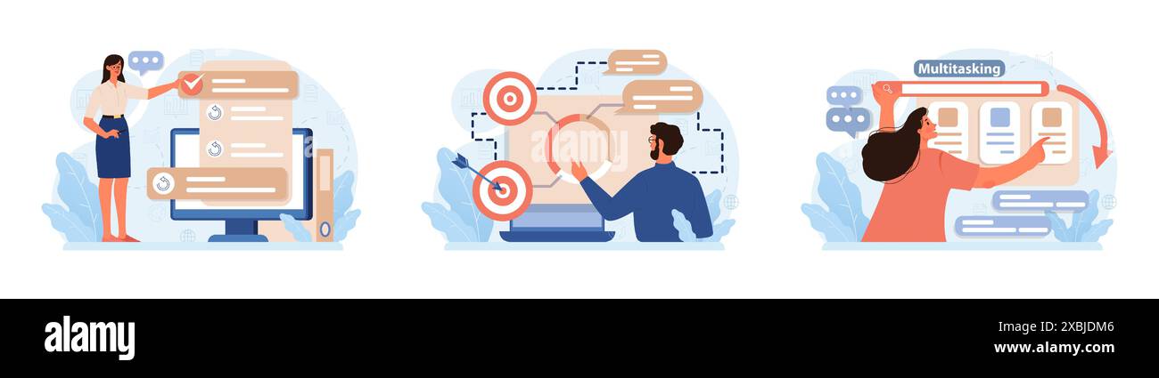 Hyperfocus set. Focus and concentration skill. Self-discipline and time management. Organization for performance efficiency. Flat vector illustration Stock Vector