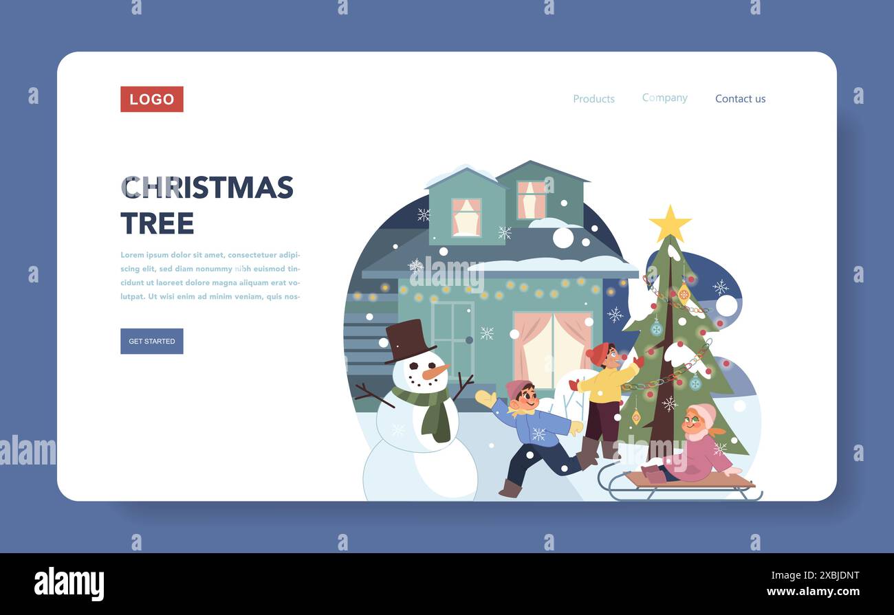Christmas celebration web banner or landing page. Kids wearing warm