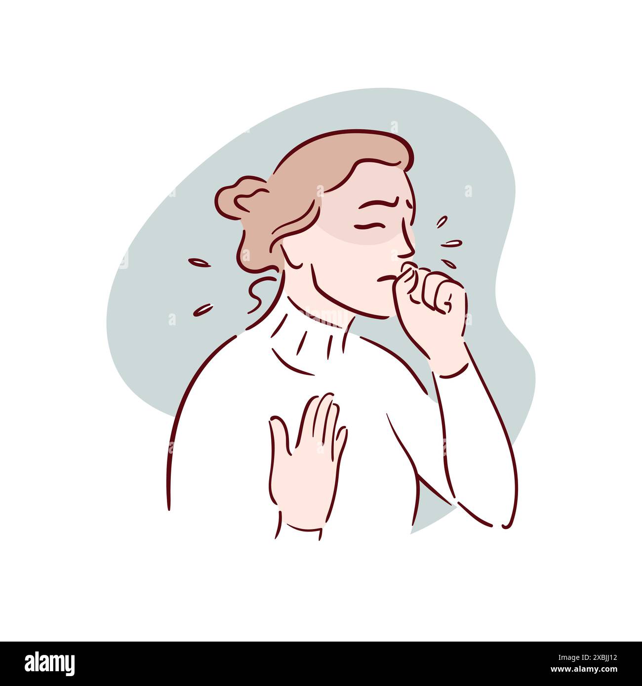 A young beautiful woman coughs. Disease, covid, asian girl unwell and