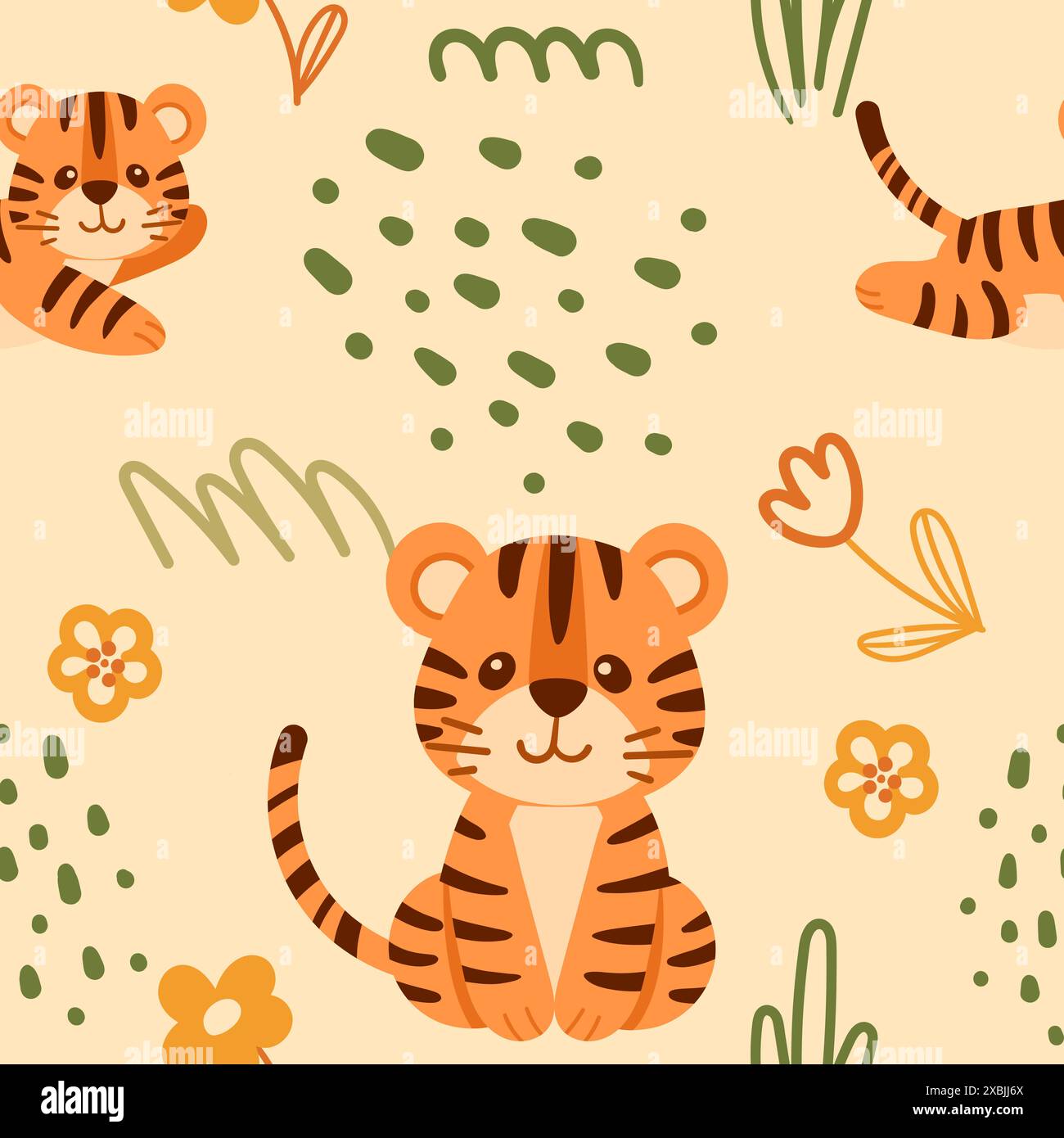 Seamless pattern cute small tiger cub green leaves cartoon animal design vector illustration on beige background. Stock Vector
