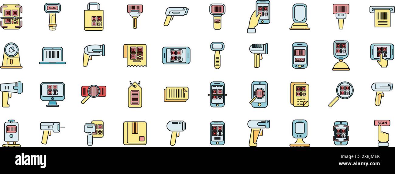 Code scanning icons set outline vector. Qr barcode. Scanner mobile thin line color flat on white Stock Vector
