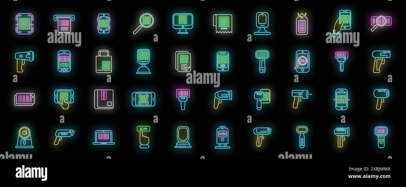Code scanning icons set outline vector. Qr barcode. Scanner mobile neon color on black Stock Vector