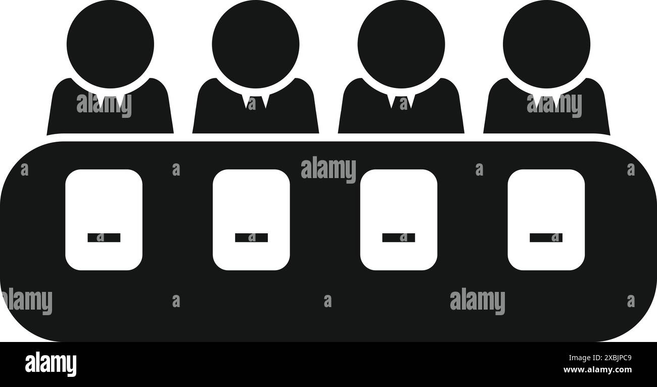 Four jury members sitting behind a desk listening to a trial Stock Vector