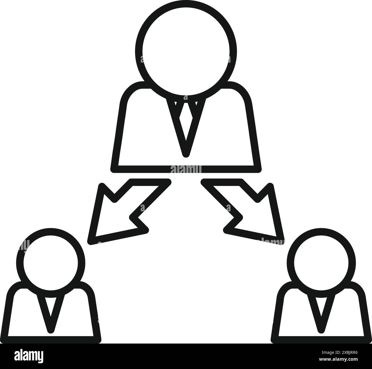 Simple line art icon of a manager delegating tasks to two employees, symbolizing leadership and workflow Stock Vector