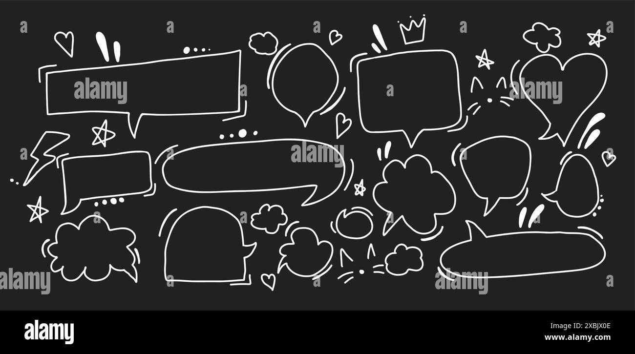 Isolated set of hand-drawn white speech bubbles doodles on a dark background. Creative communication and social expression Stock Vector