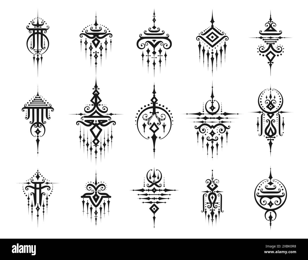 Sacred oriental thai symbols, vector black traditional religious motifs of Thailand. Cultural decorations, monochrome tattoo, signs reflecting heritage, spiritual depth and path to enlightenment Stock Vector