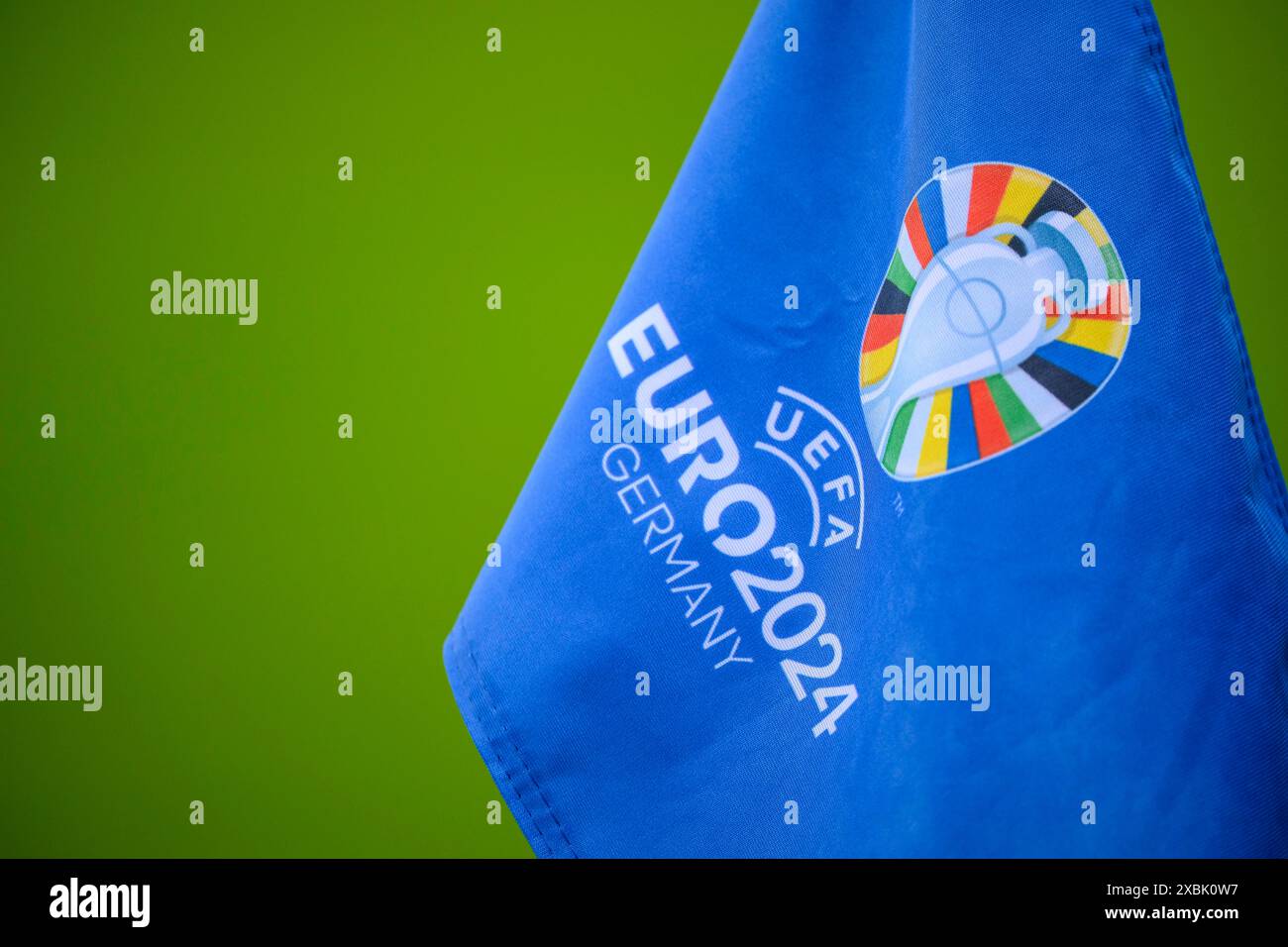 Weiler Simmerberg, Germany. 12th June, 2024. Soccer, Preparation for UEFA Euro 2024, Training Hungary, The UEFA Euro 2024 logo can be seen on a corner flag. Credit: Tom Weller/dpa/Alamy Live News Stock Photo