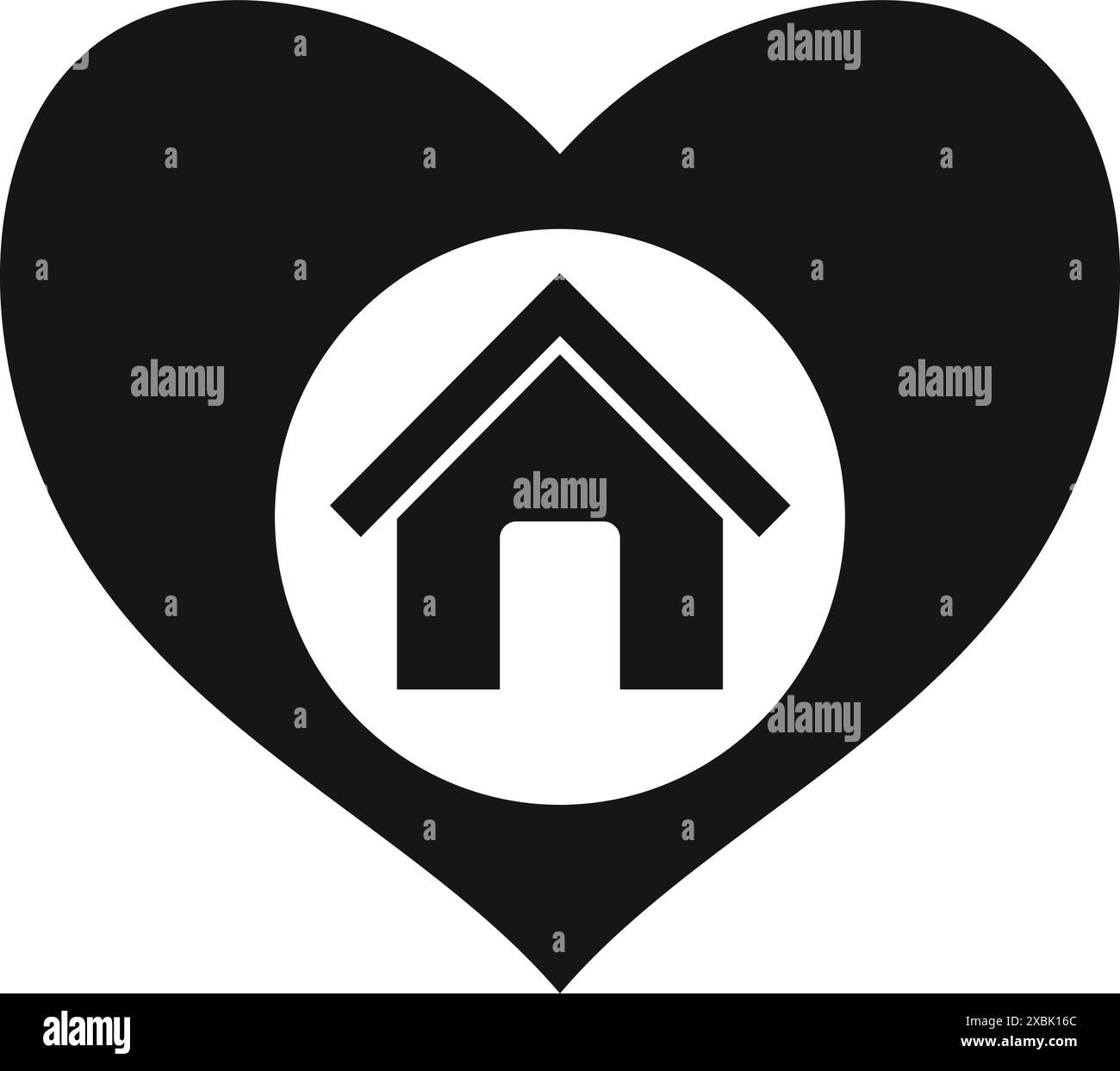 Simple black and white icon of a house inside a heart shape representing loving your home Stock