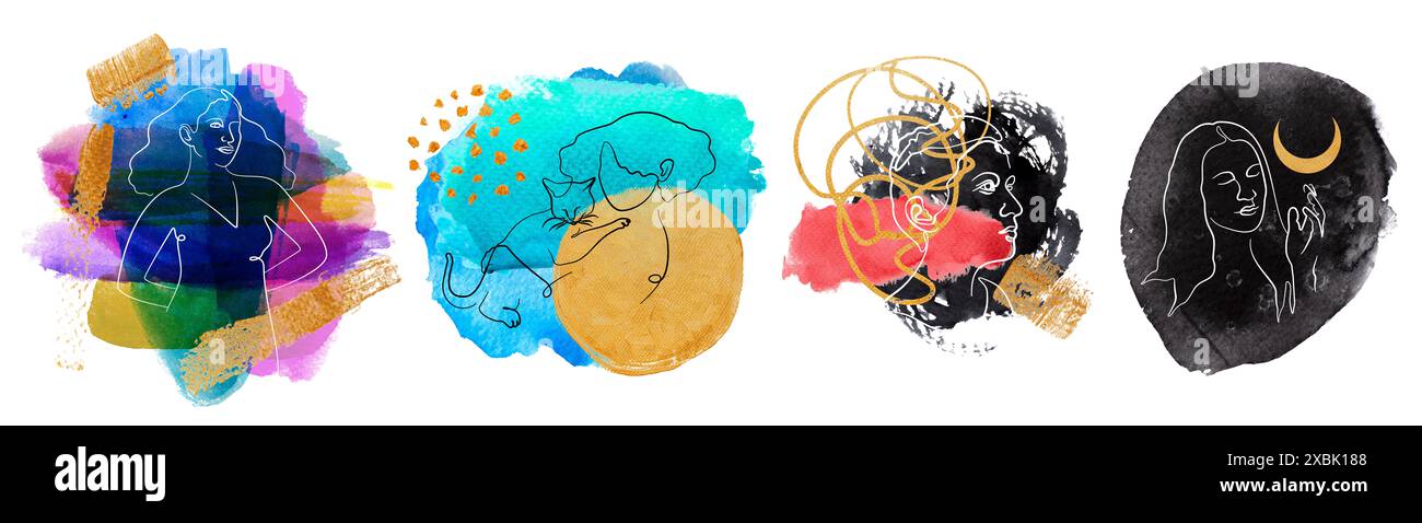 Abstract Shape Single Set of one single line female figure portraits with watercolor abstract ...