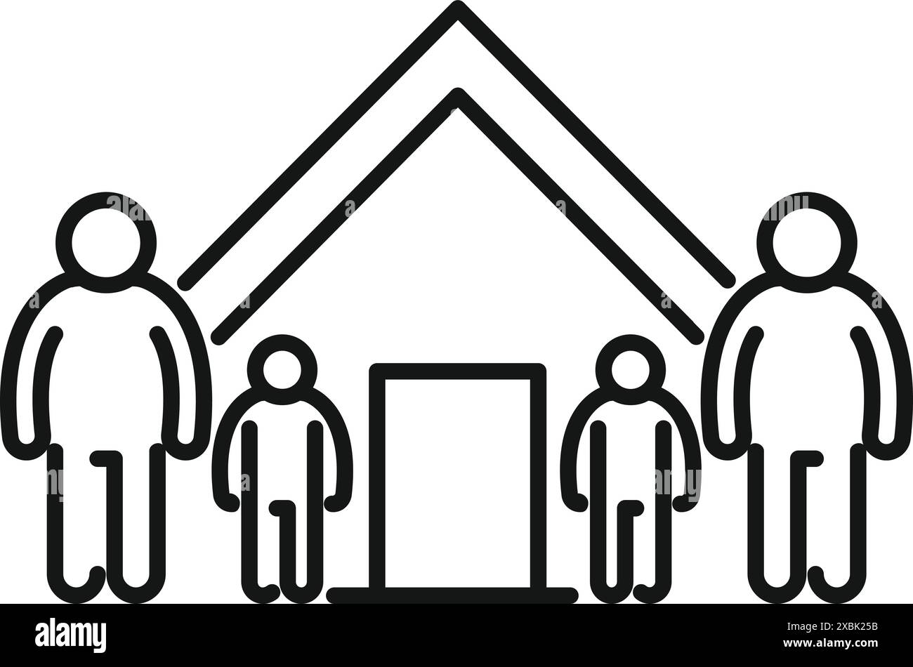 Line art icon of a family of four standing underneath a roof line, representing home insurance and family protection Stock Vector