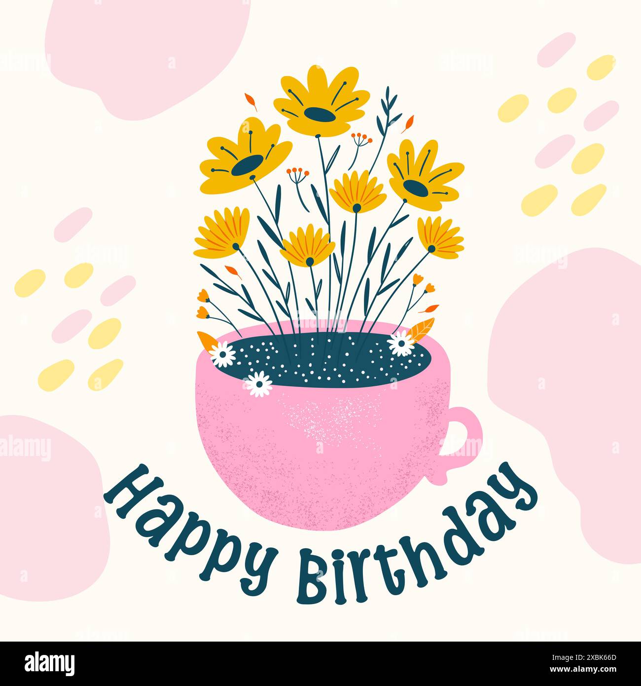 Happy birthday pink greeting card flowers in a cup, vector cartoon flat ...