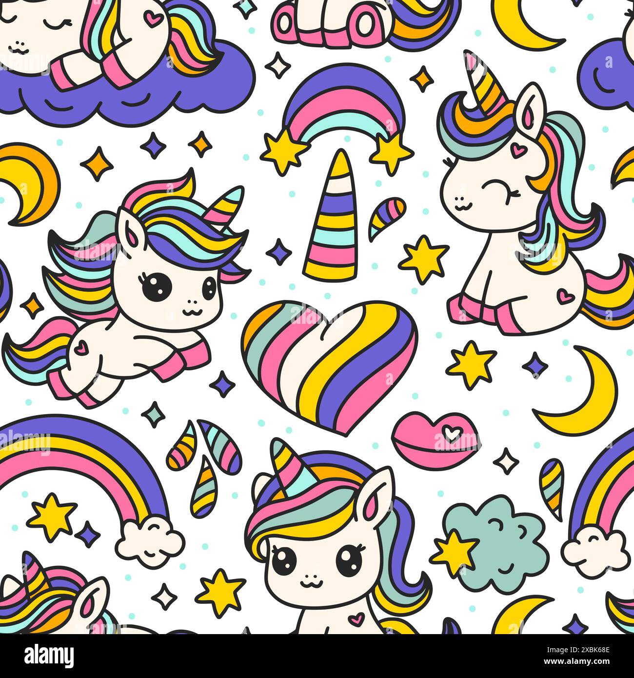 Cute Cartoon Unicorns Seamless Pattern. Unicorn Animal And Rainbow ...