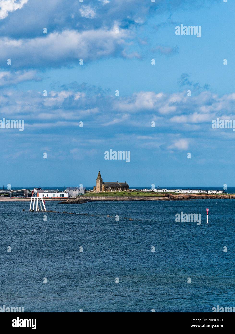 Newbiggin by the Sea beach and bay to Church Point with copy space. Stock Photo
