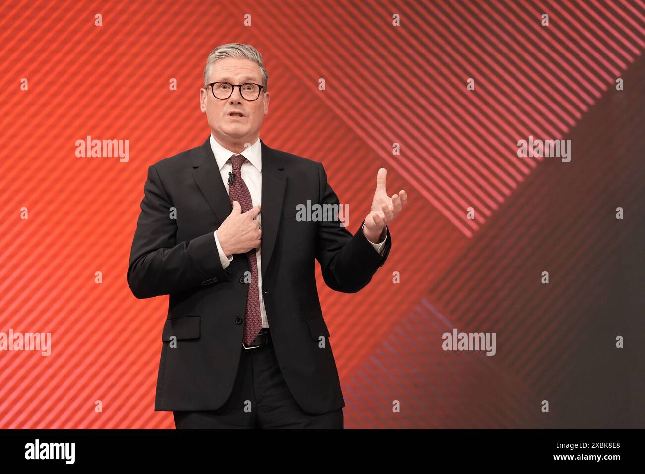 Britain's Labour Party leader Keir Starmer speaks to the audience, during the Sky News election debate, in Grimsby, England, Wednesday June 12, 2024. (Stefan Rousseau/Pool Photo via AP) Stock Photo