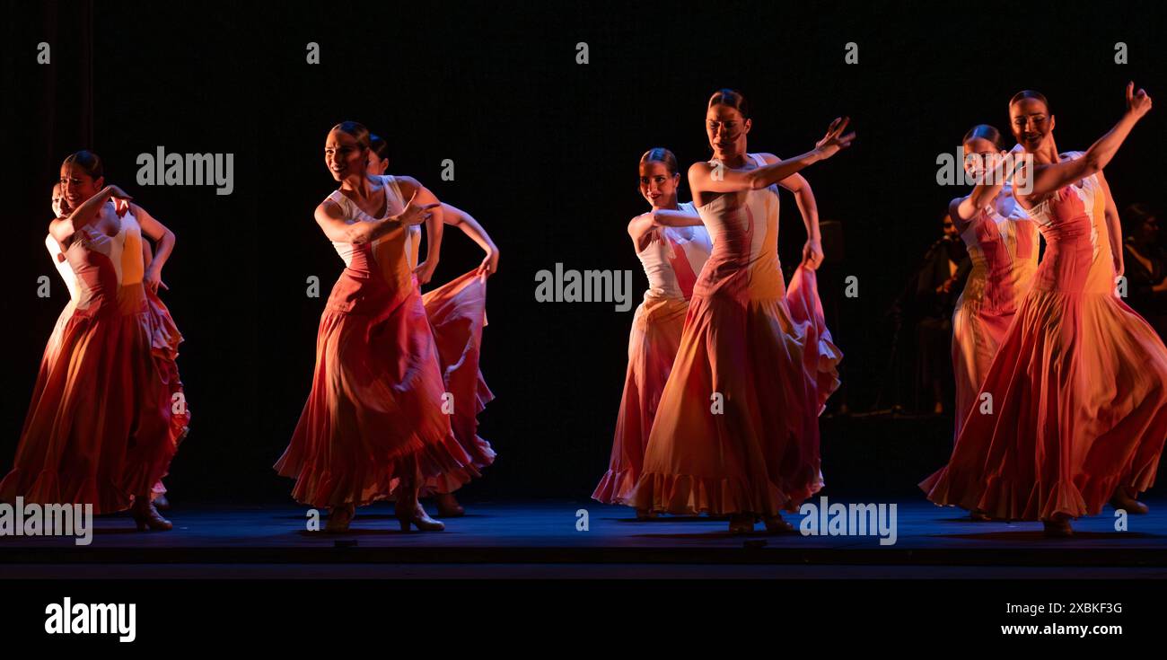 Sadlers Wells Theatre, London, UK. 12th June, 2024. Ballet Nacional de España’s Invocación. Invocación features four works that cover the cornerstones of Spanish dance from Wed 12 – Sat 15 June. Artistic Director Rubén Olmo curates this all-encompassing evening featuring vibrant and colourful flamenco, traditional bolero, contemporary dance and classical ballet featuring 38 dancers. Credit: Malcolm Park/Alamy Live News Stock Photo