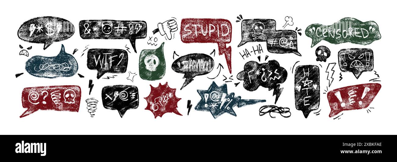 Hand drawn comic speech bubbles with swear words, insults, curses, expletives in crayon grunge retro doodle style. Chalk pencil swearwords for rude, negative bad mood. Angry clouds, dialogue balloons. Stock Vector