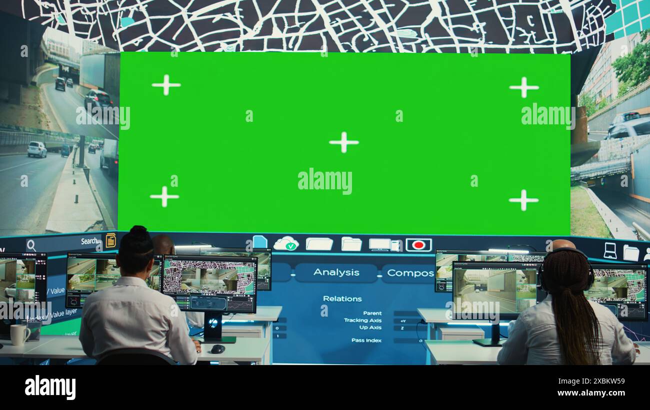Group of employees monitoring delivery trucks routes with an isolated ...