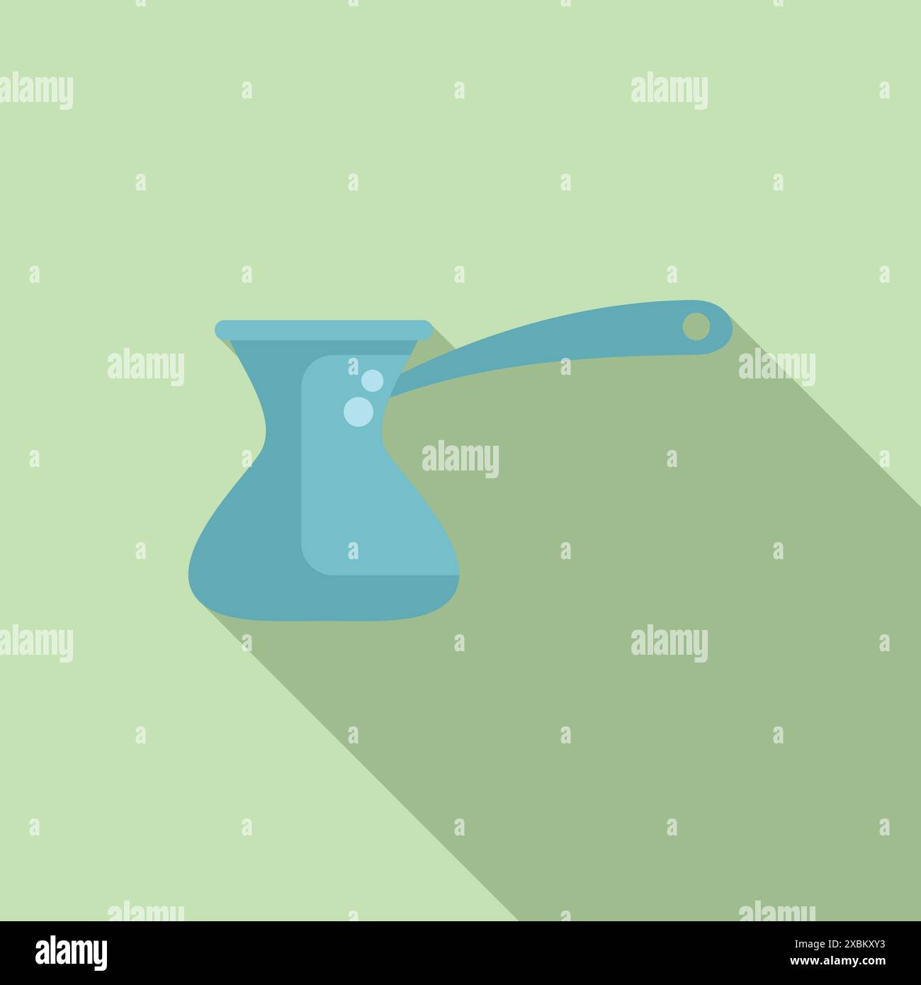 Minimalist icon of a blue cezve coffee pot preparing traditional turkish coffee with a long shadow on a green background Stock Vector