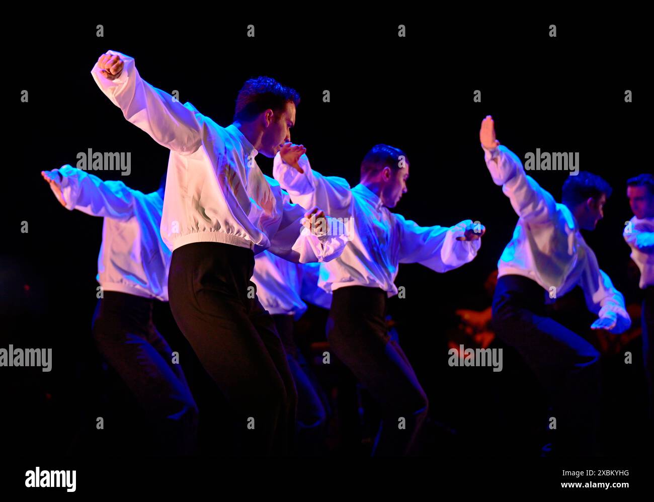 LONDON, ENGLAND: 12th June 2024: Male: Diego Aguilar, Juan Berlanga, Axel Galán, Álvaro Gordillo, Antonio Jiménez, Víctor Martín, Adrián Maqueda, Alfredo Mérida, Javier Polonio, Pedro Ramírez, Sergio Valverde performs at the Ballet Nacional de Espaa's Invocationación is a fantastic show that should not be missed, it features four works that cover the foundations of Spanish dance. Artistic Director Rubén Olmo curates this all-encompassing evening featuring vibrant flamenco, traditional bolero, contemporary dance, and classical ballet traditions at Sadler's Wells Theatre in London, UK. Stock Photo