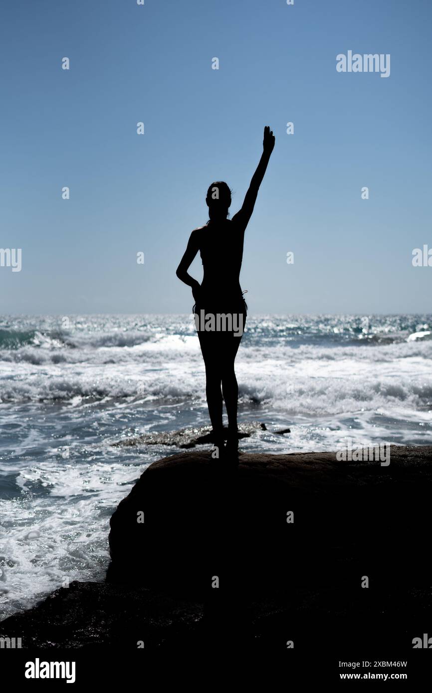 Silhouette of Young Woman in Bikini Facing the Sea on the Beach Stock ...