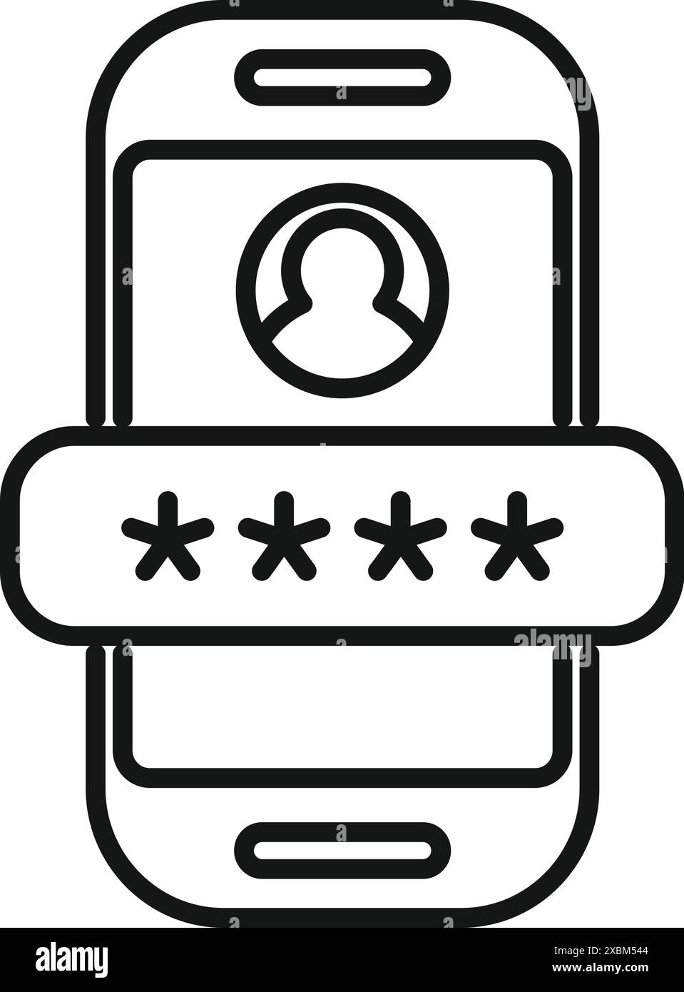 Line icon of a smartphone displaying a user profile being protected by a password Stock Vector