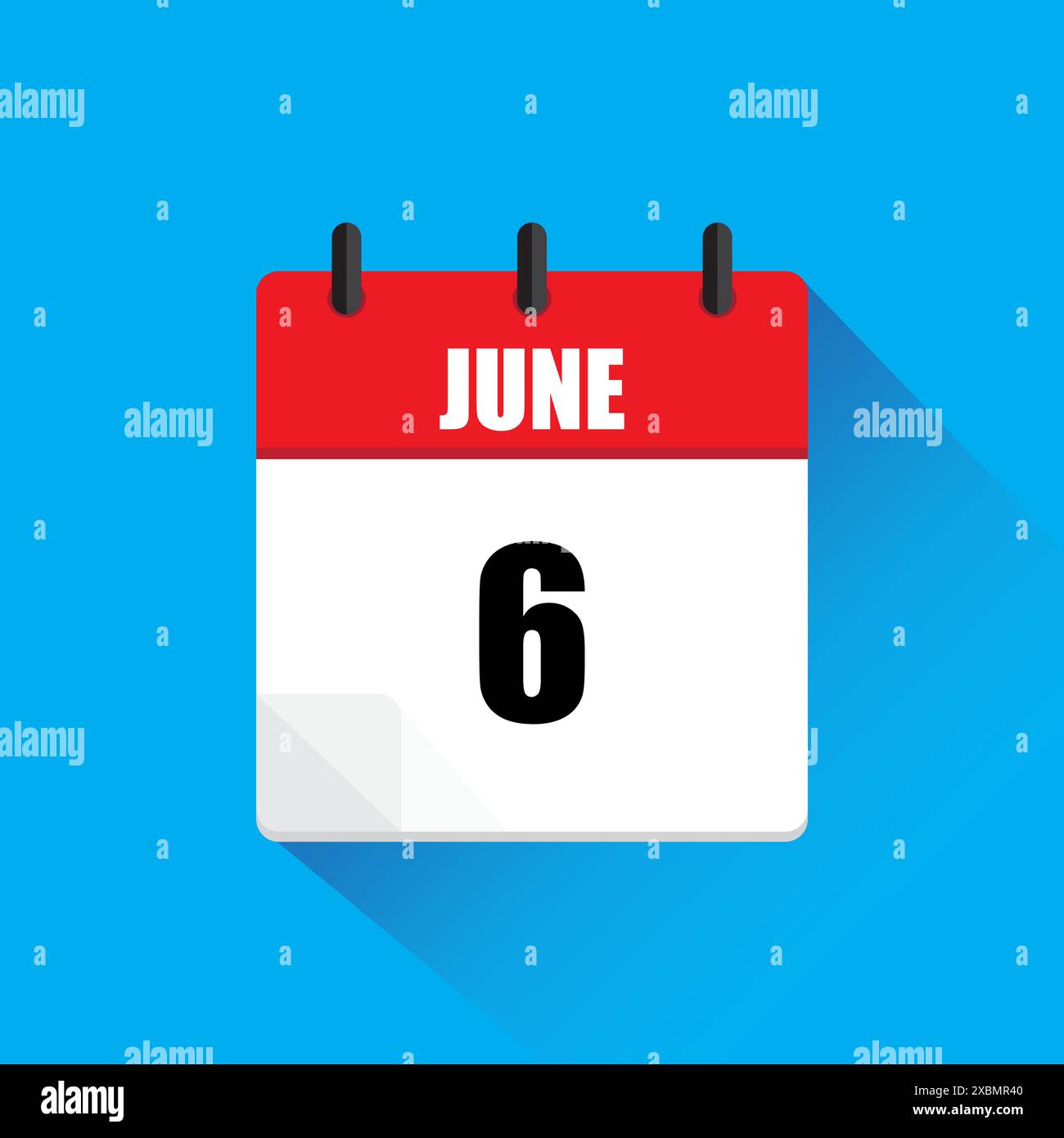 June 6 calendar icon. Red and white page. Blue background. Flat vector